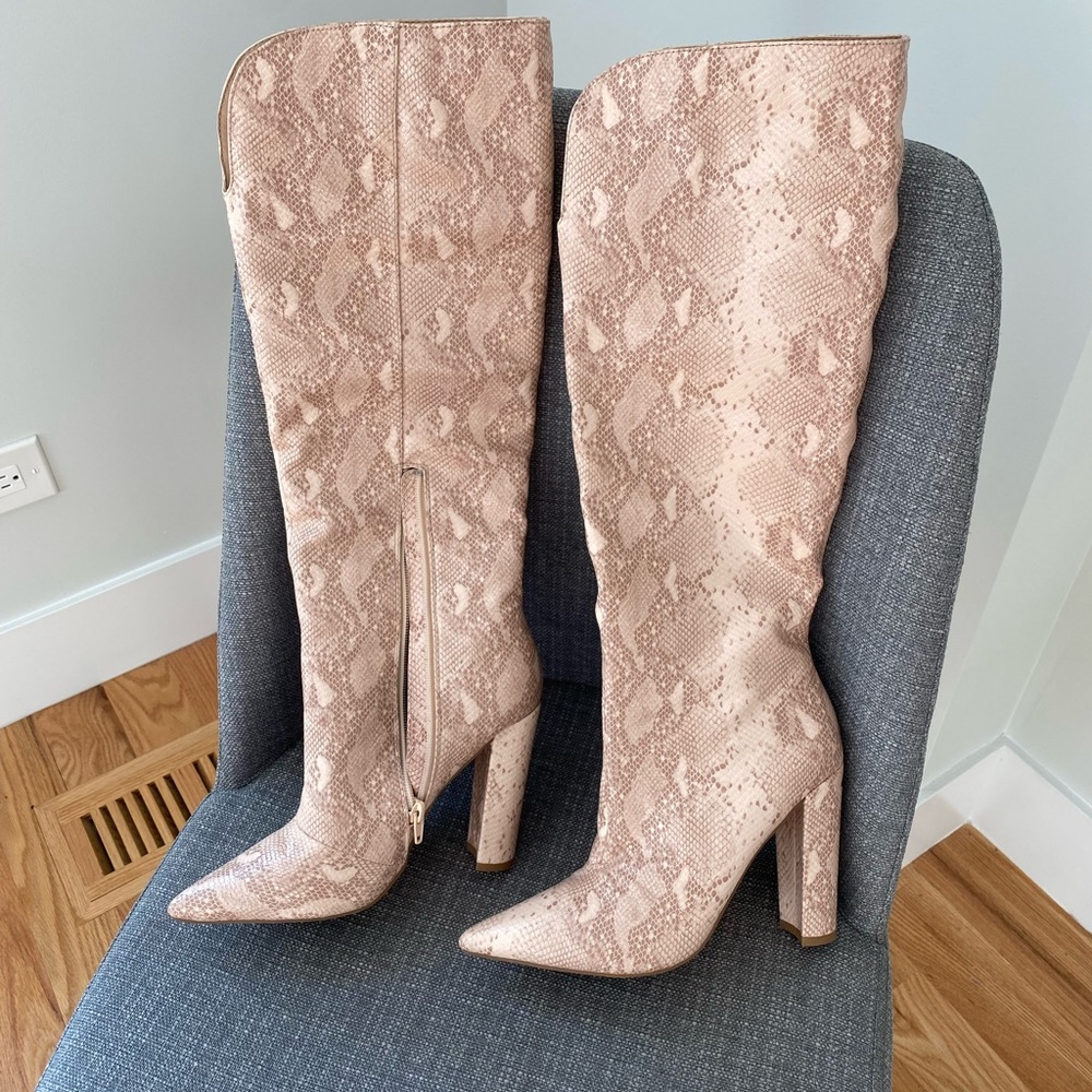 Public desire knee high pink snake skin boots !